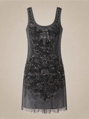 Adrianna Papell Black Beaded Scoop Neck Mini Dress
